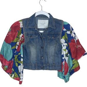 Snazzies Artwear Debbi Davis Mixed Media Floral Flare Sleeves Denim Jacket Sz 7